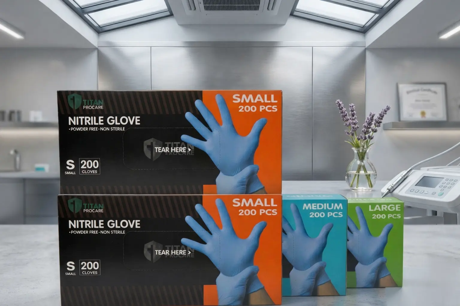 Boxes of nitrile gloves and disposable plastic aprons from Titan ProCare