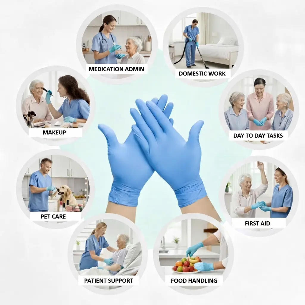 Care, catering and cleaning staff wearing disposable gloves and aprons